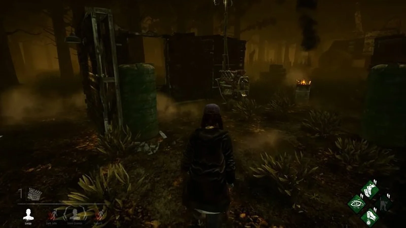 A survivor wearing a yellow jacket walking through a dark abandoned field