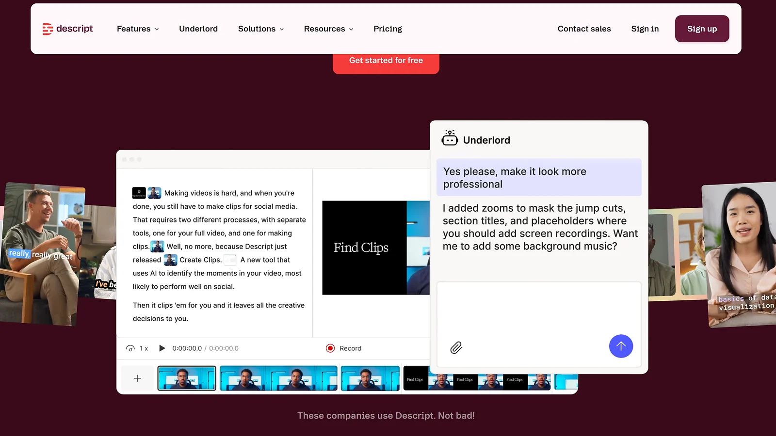 Descript video editor interface showing Underlord AI assistant helping with professional video edits.