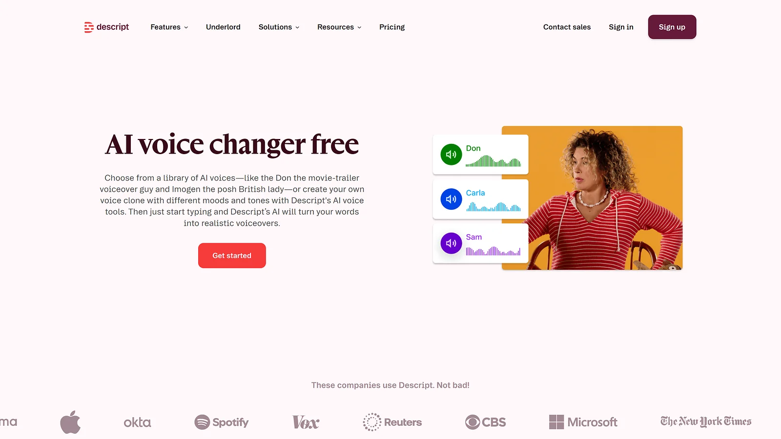 Descript AI voice changer website with a library of realistic AI voices