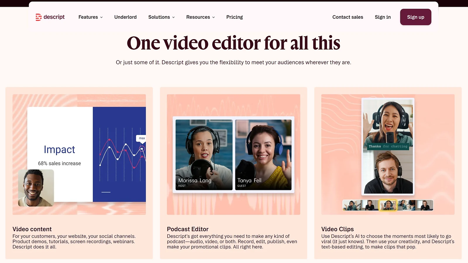 Descript video editor interface showing podcast editing and AI-powered viral video clip selection