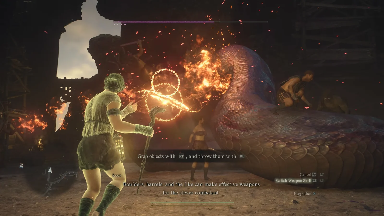 Medieval Action RPG: A Mage casting fire magic at a giant Medusa in Dragon's Dogma 2