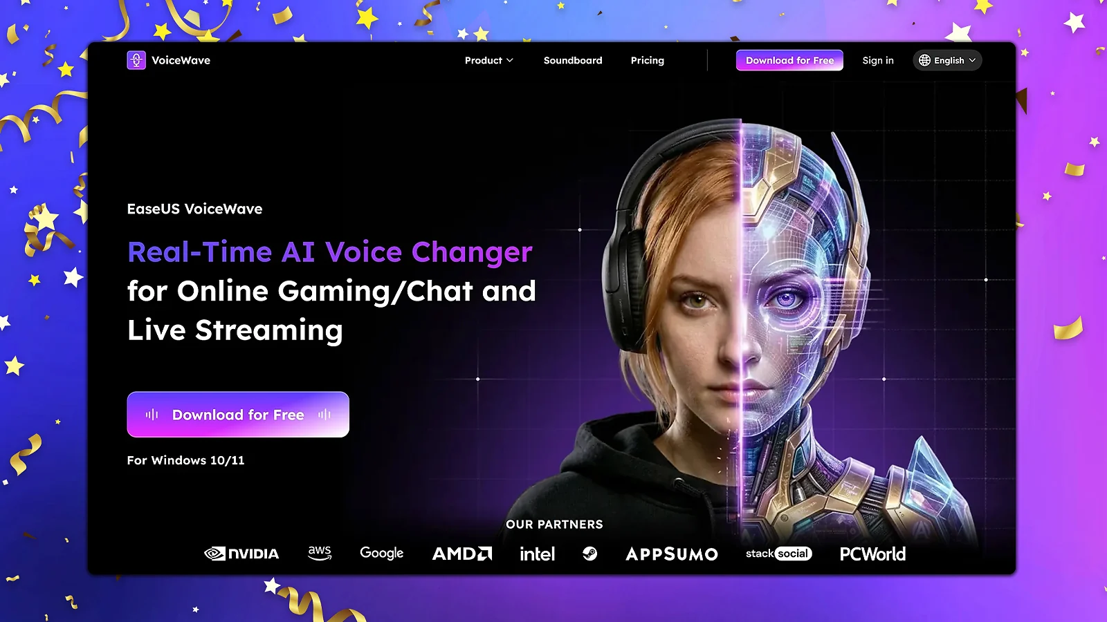 EaseUS VoiceWave real-time AI voice changer homepage featuring cyborg aesthetic