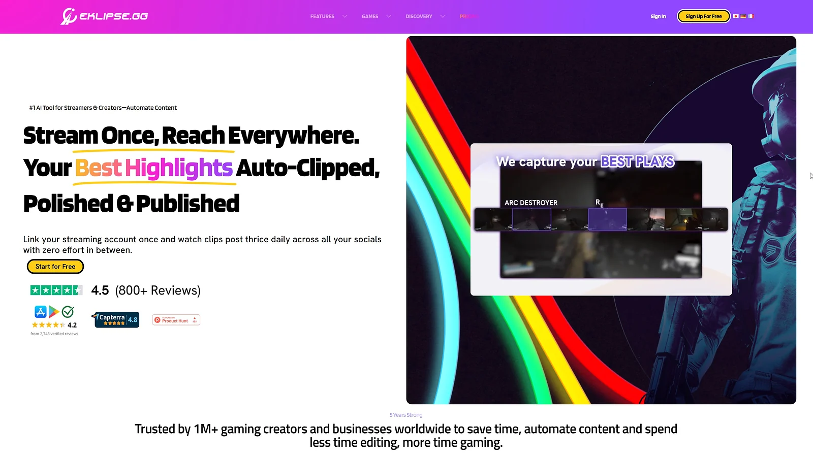 Eklipse AI homepage showing automated stream clipping and social publishing features for creators.