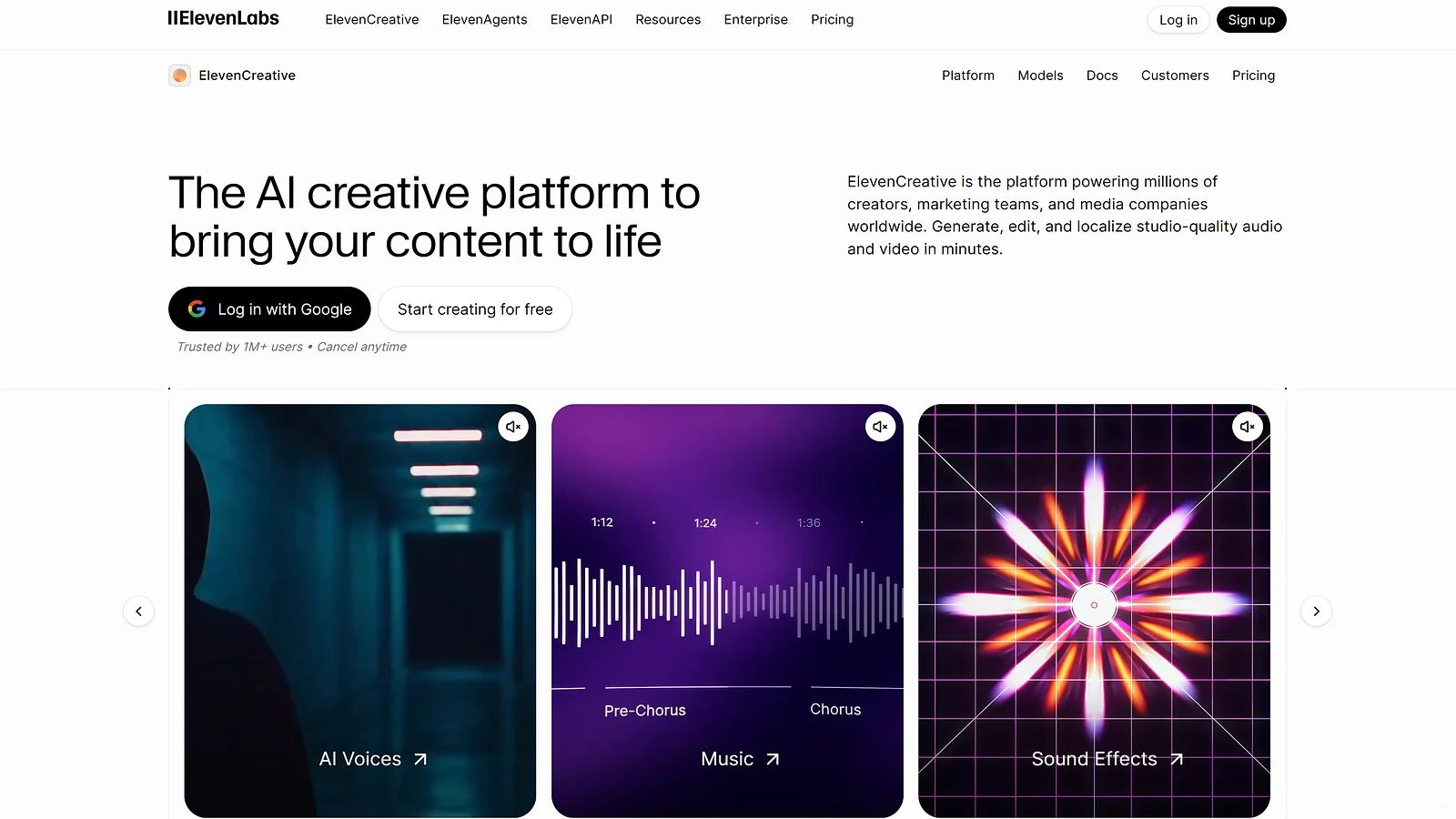 ElevenLabs homepage highlighting AI creative tools for voices, music, and sound effects.