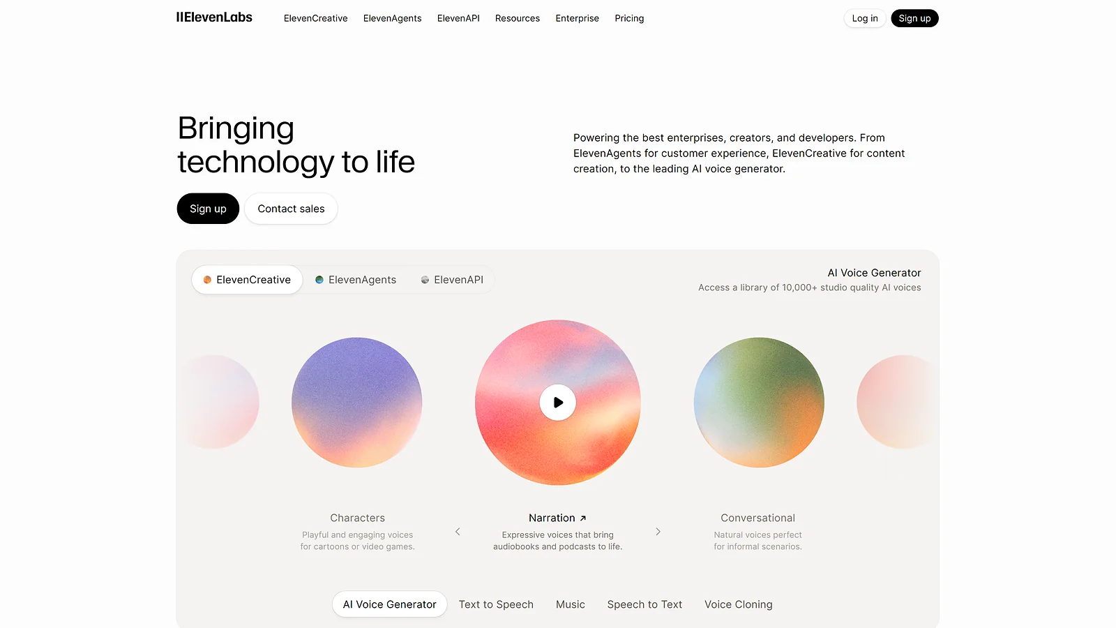ElevenLabs website featuring AI voice generation categories like Characters, Narration, and Conversational