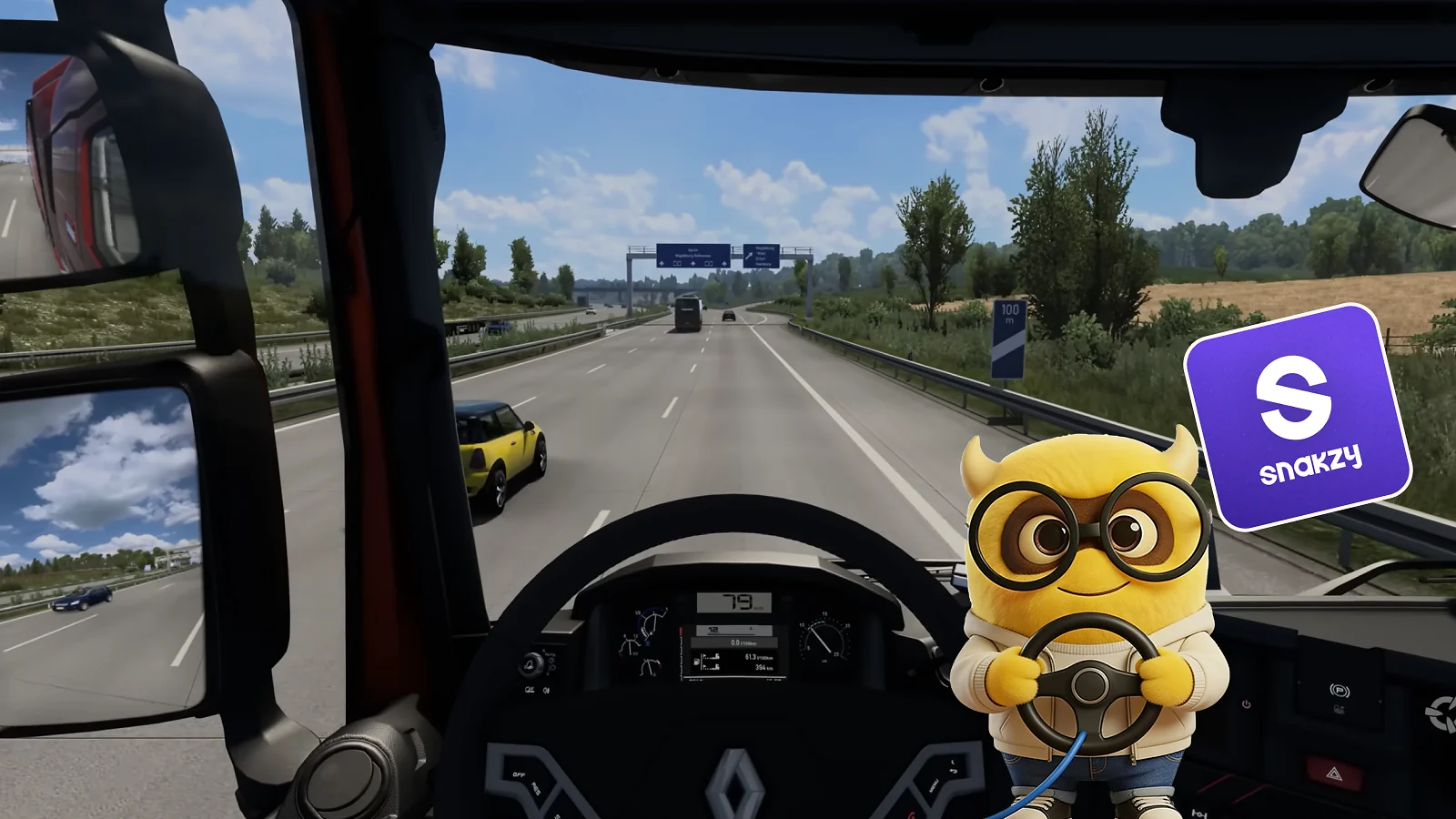 La mascota y el logotipo de Snakzy que aparecen en la cabina de un camión en Euro Truck Simulator 2