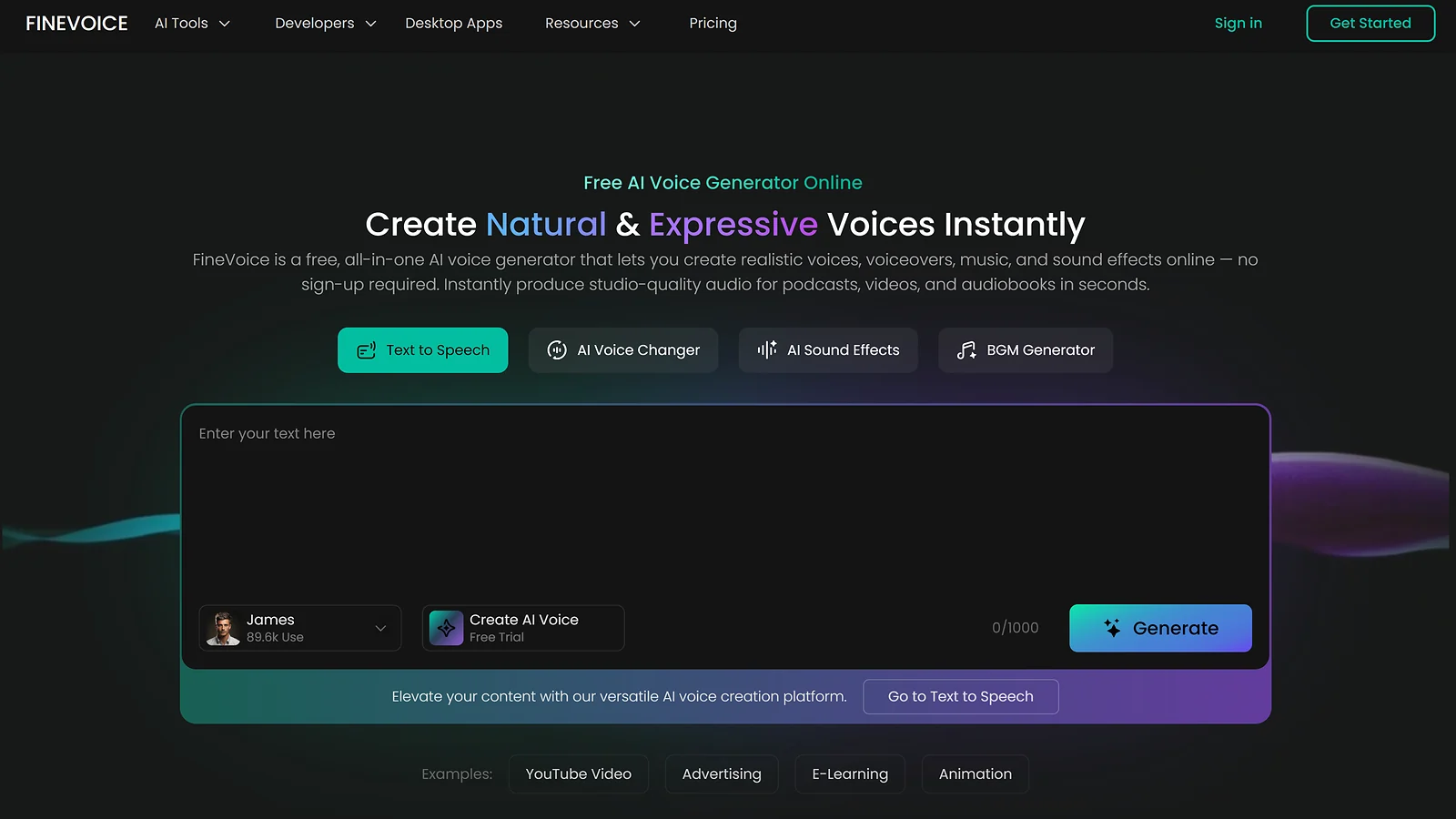 FineVoice AI voice generator website interface showing text-to-speech options