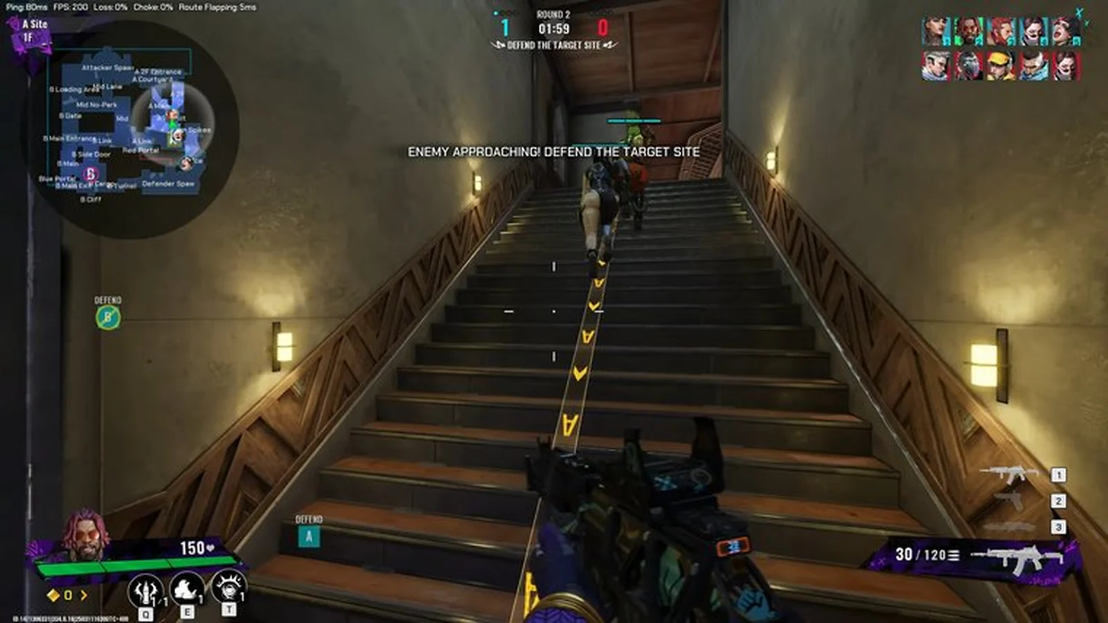 A player moving up a staircase inside an industrial-looking building