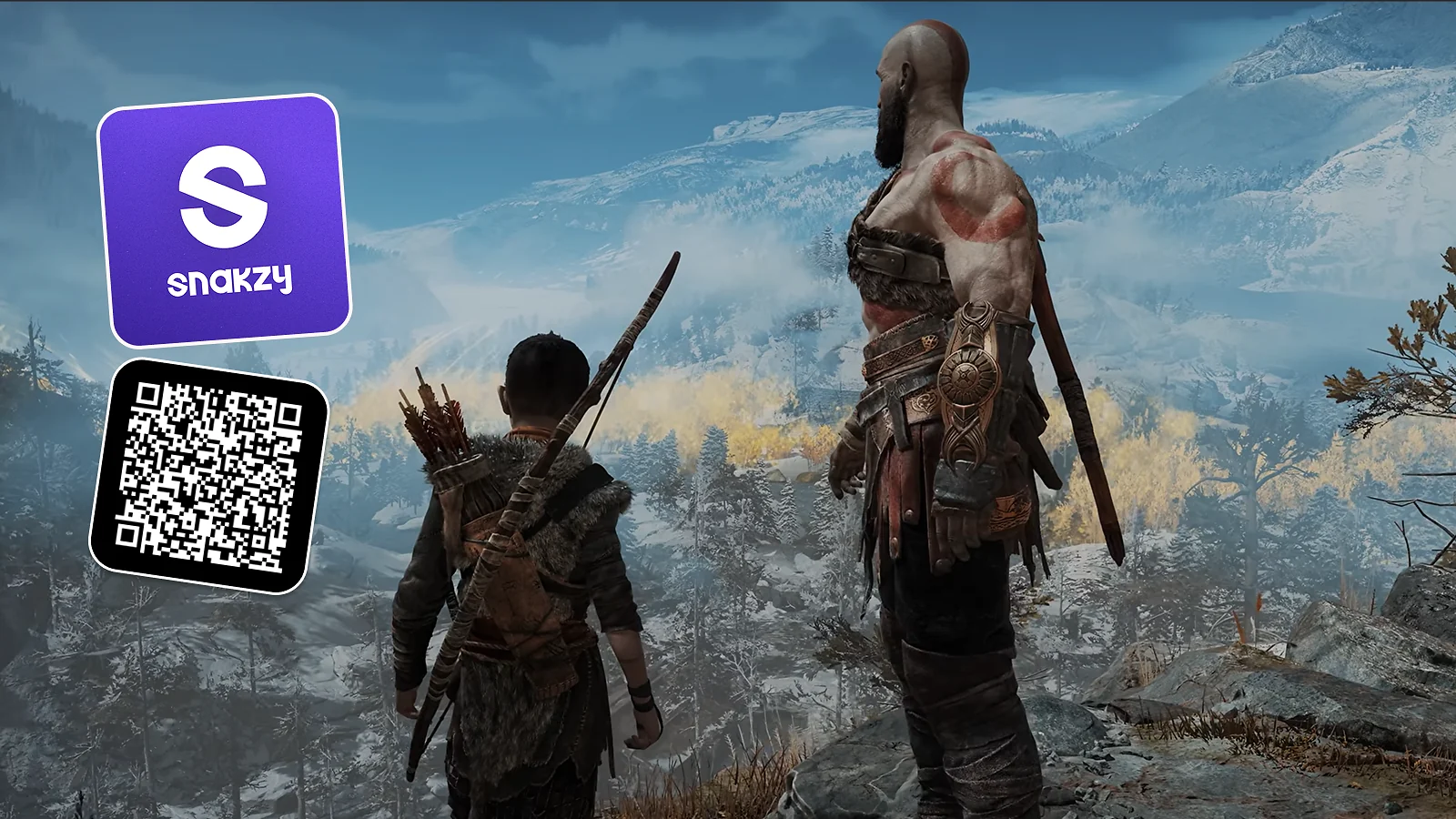 a warrior and a small boy looking at the valey, snakzy logo and QR code