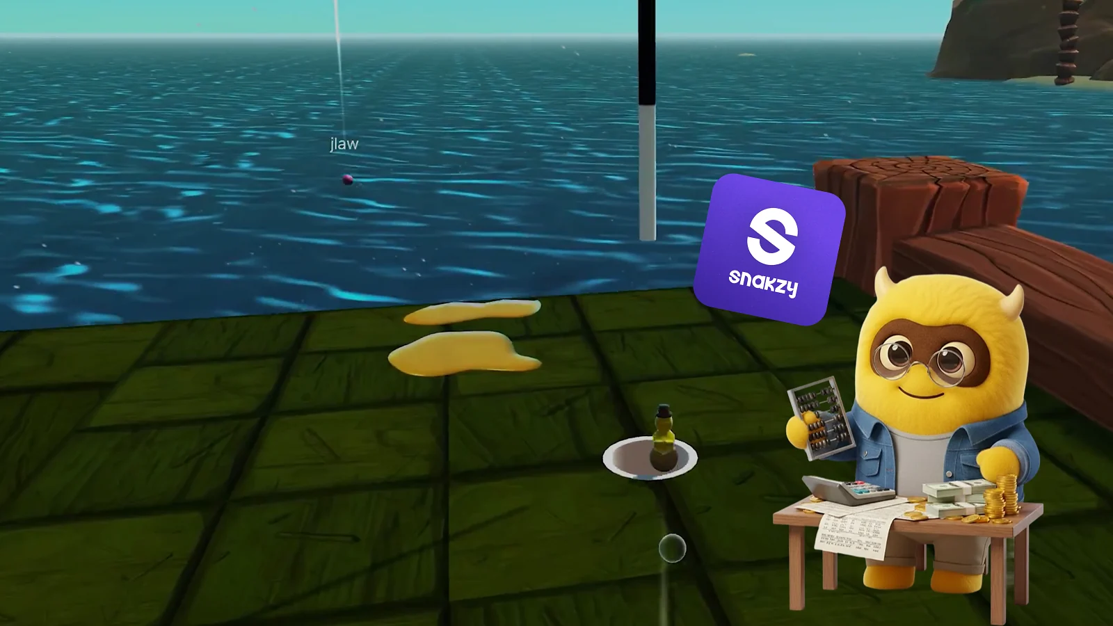 La mascota y el logotipo de Snakzy sobre las imágenes del juego «Juega al golf con tus amigos»