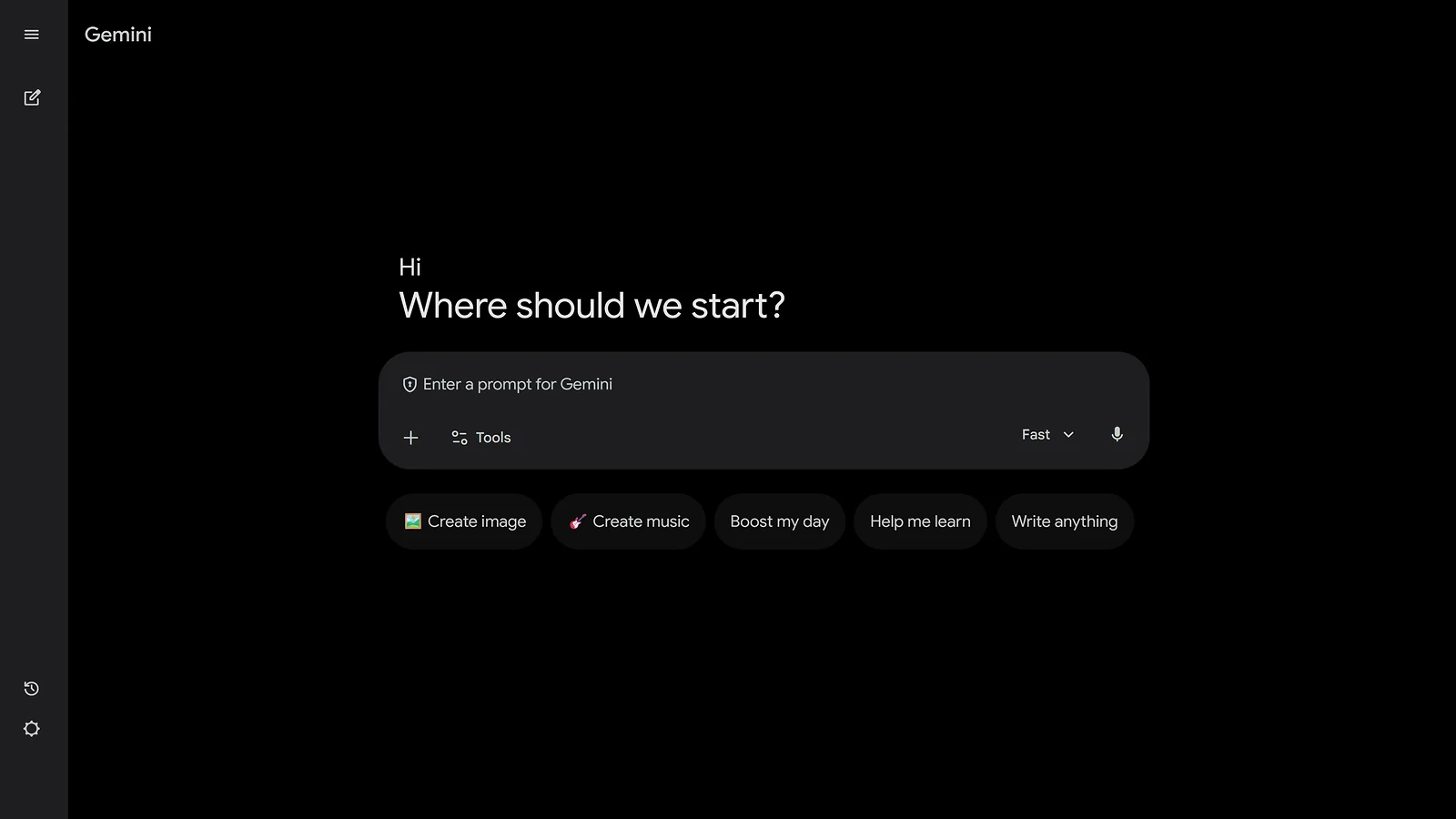 Google Gemini interface with a dark theme, featuring a prompt box and quick actions like Create image and Create music.