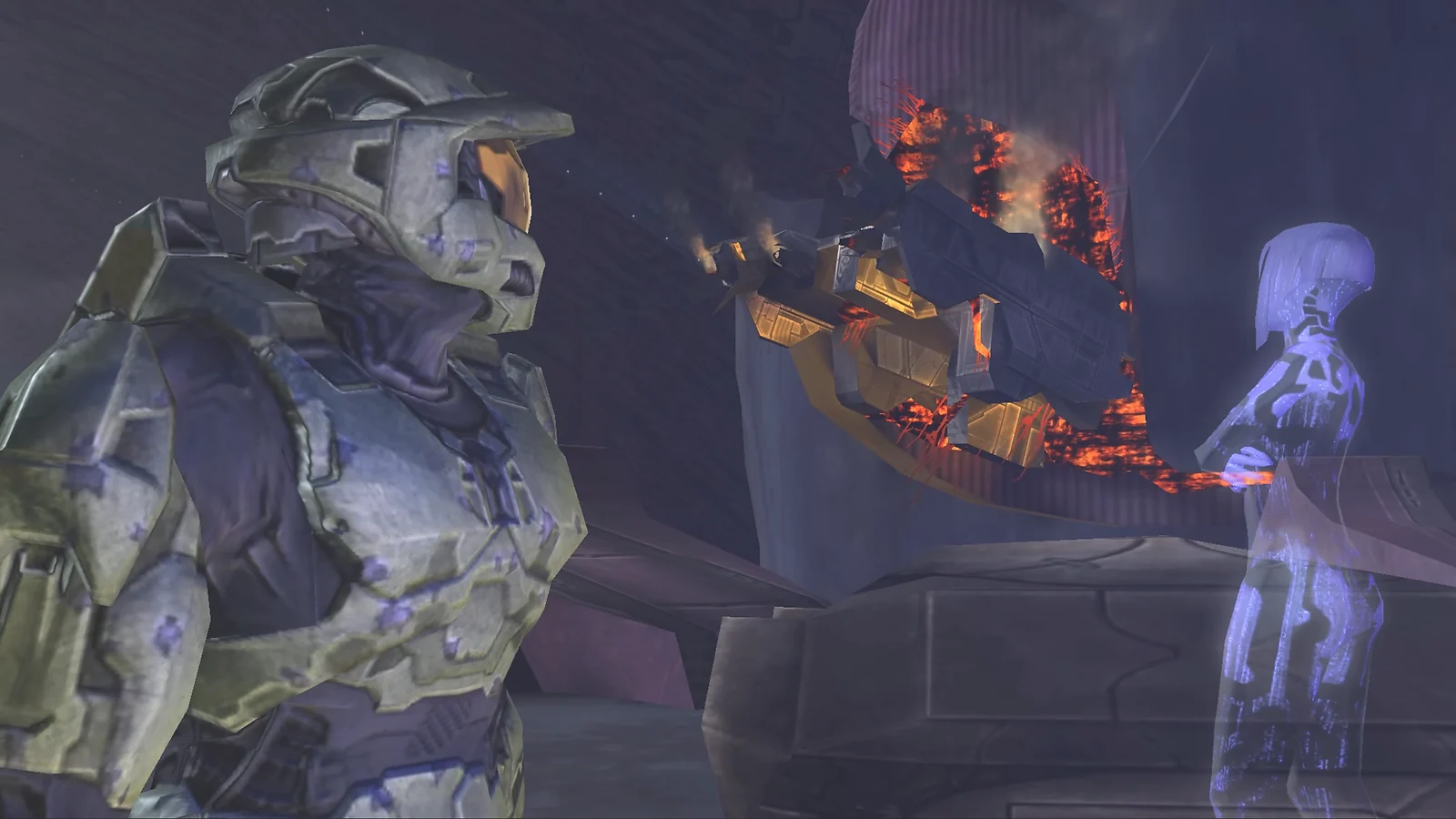 Master Chief and the AI Cortana standing together near burning wreckage