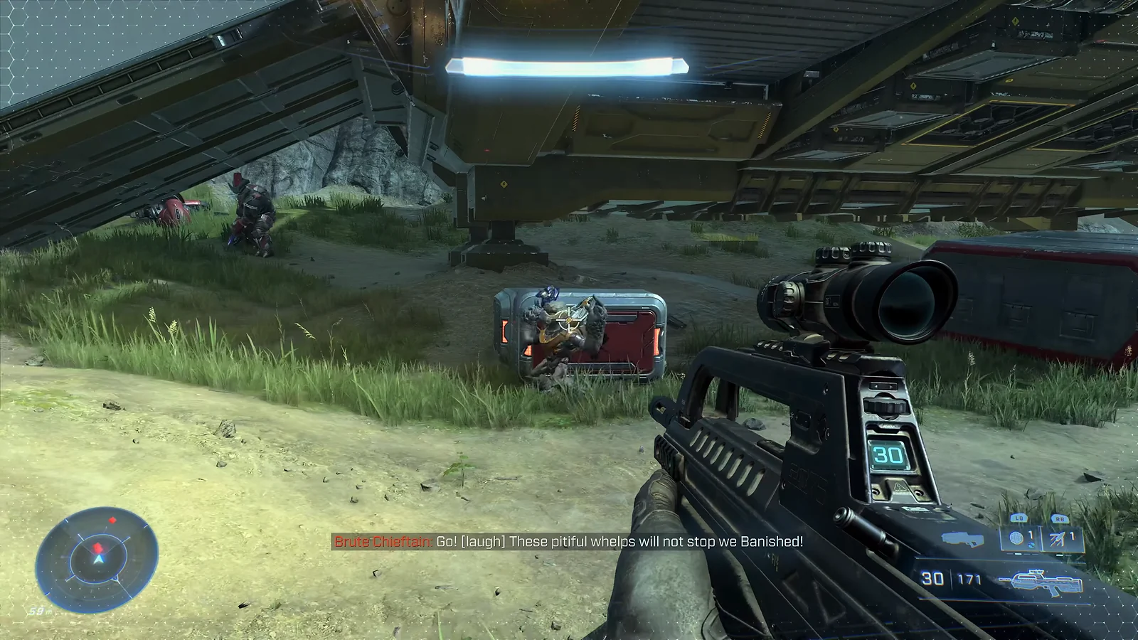 Aiming a Battle Rifle at Banished enemies in Halo Infinite