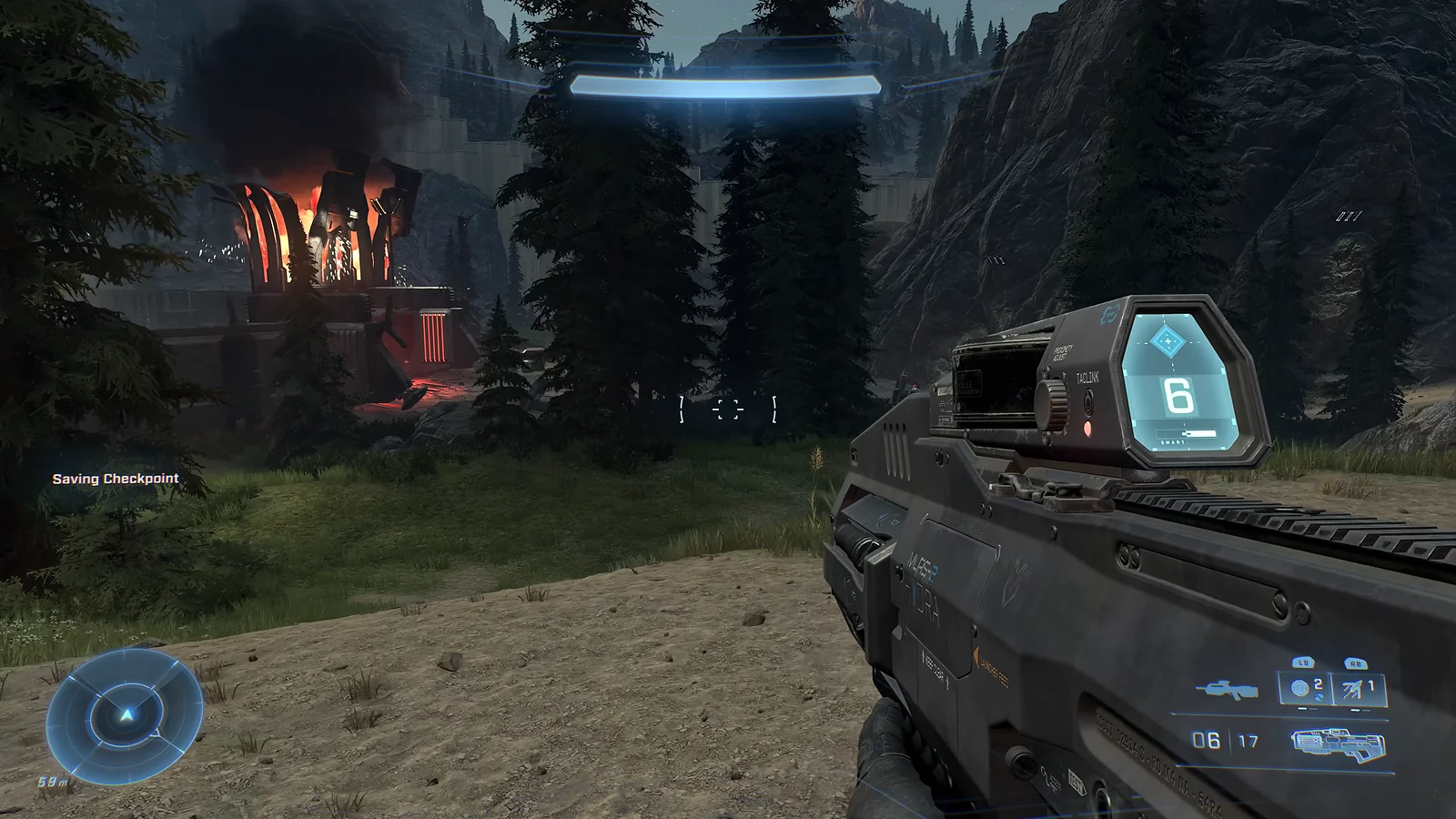 First-person view wielding a Hydra launcher in a forested area of Halo Infinite