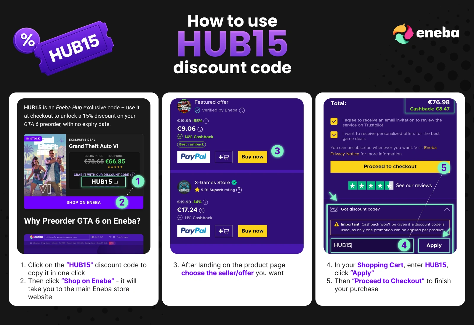 Step-by-step guide showing how to use the HUB15 discount code on Eneba