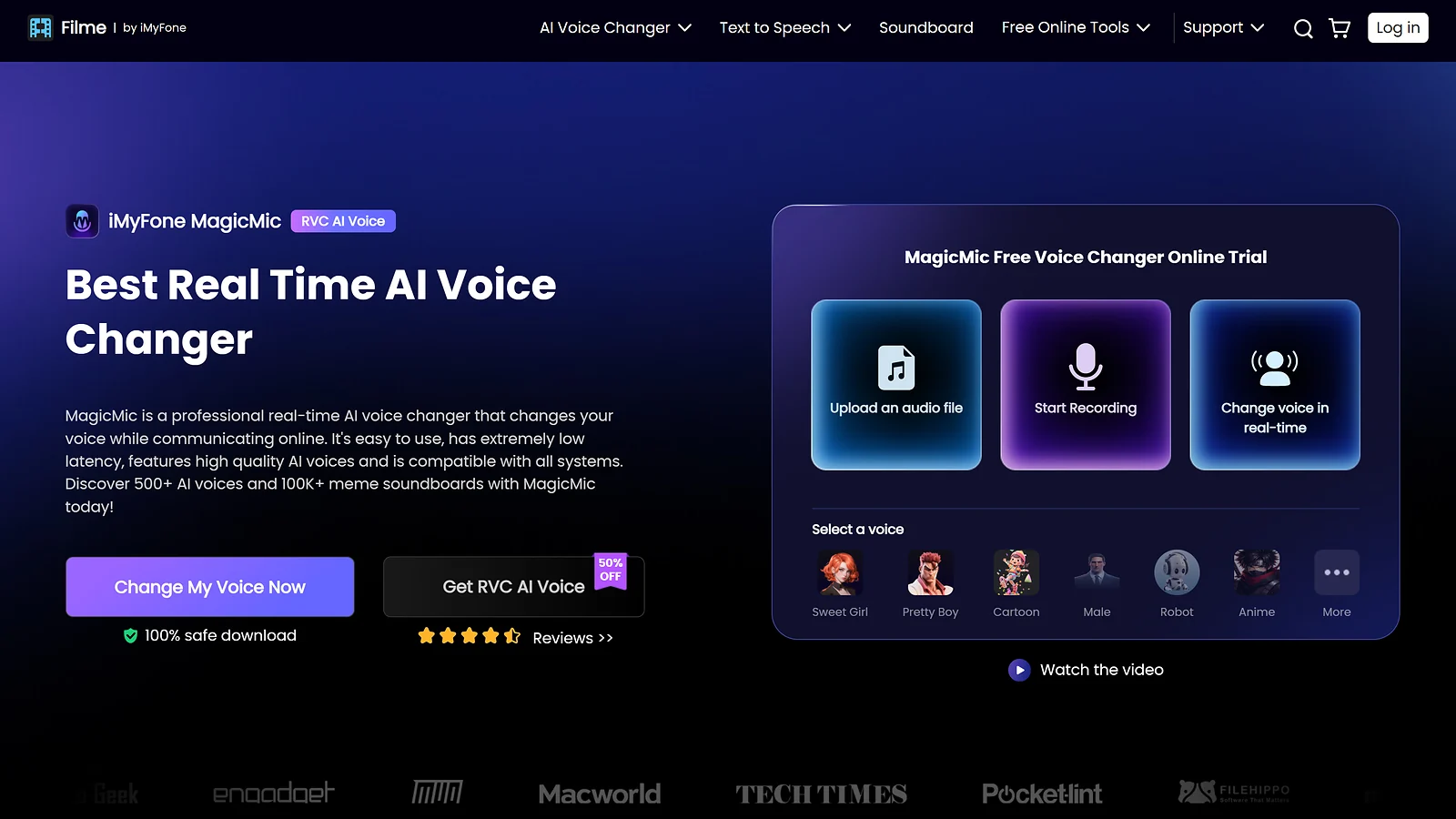 iMyFone MagicMic real-time AI voice changer interface with custom soundboards