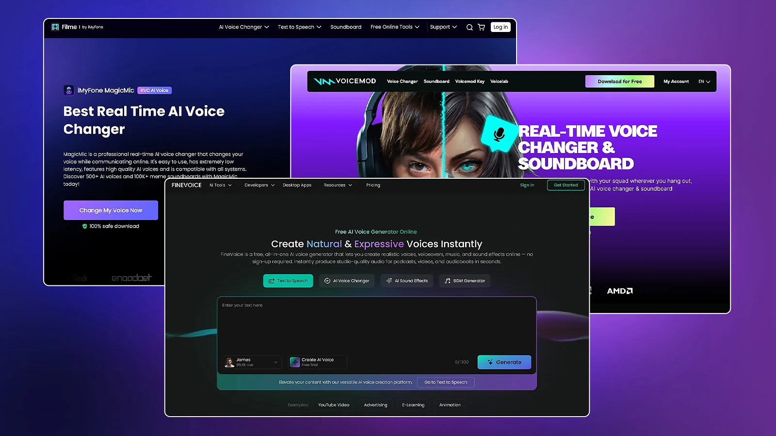 MagicMic, Voicemod, and FineVoice AI voice changer platforms