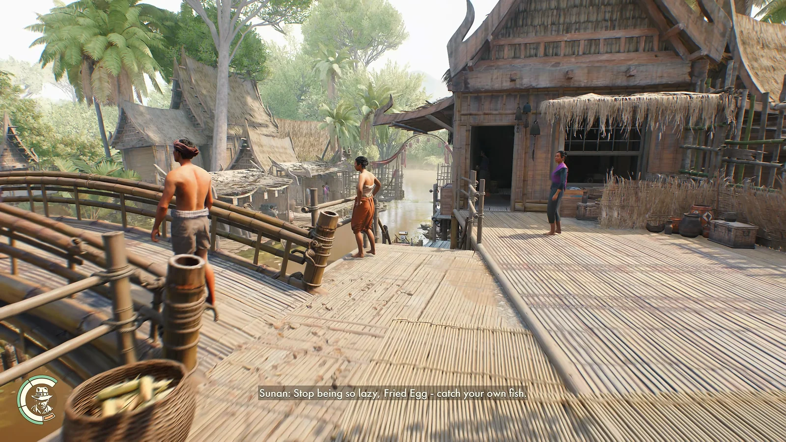Exploring a sunny rural village with bamboo structures in Indiana Jones and the Great Circle