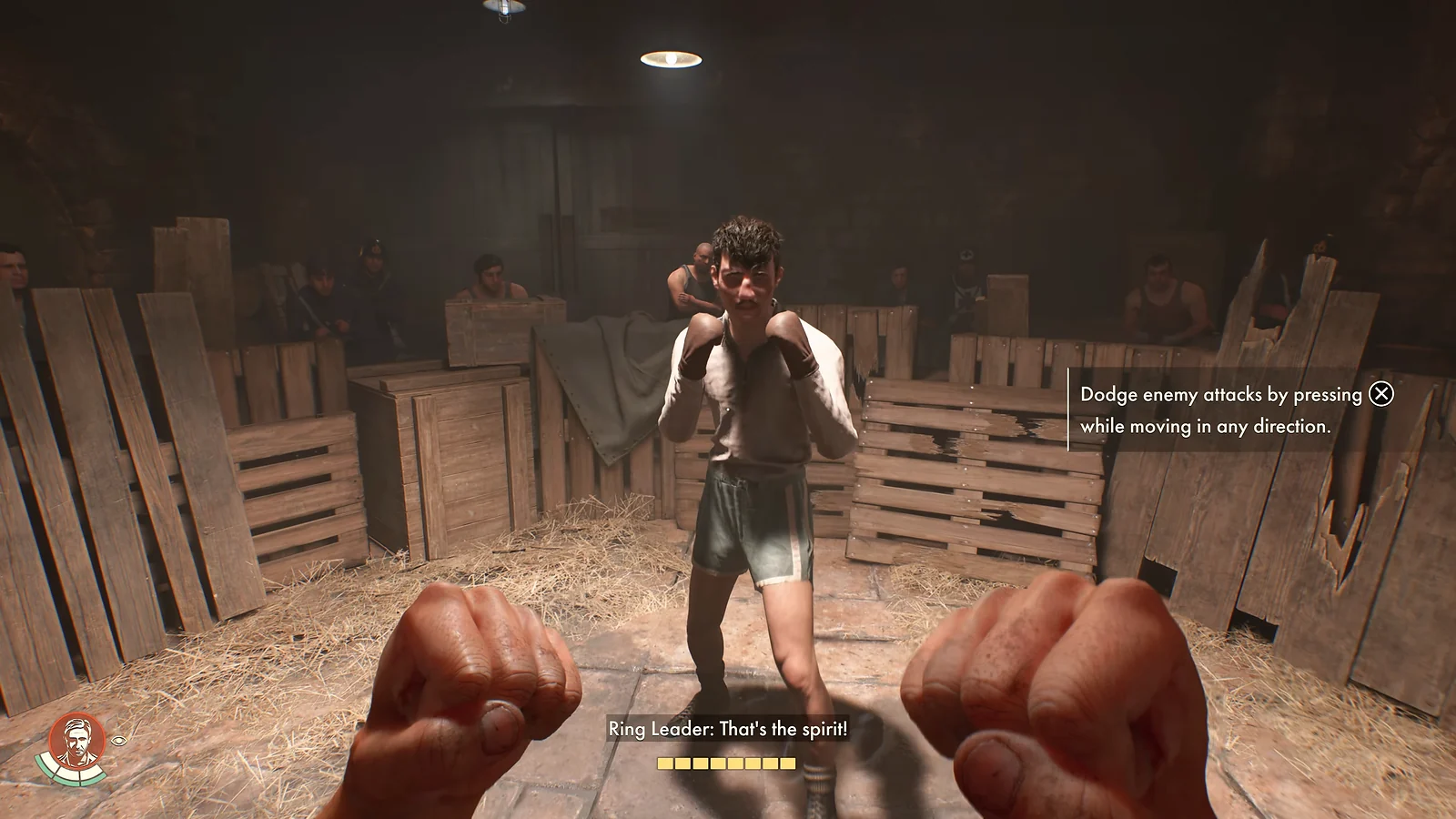 First-person fistfight in a makeshift underground boxing ring in Indiana Jones and the Great Circle