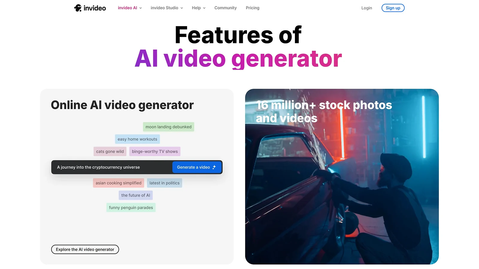 InVideo AI video generator interface with text-to-video prompts and stock footage library.
