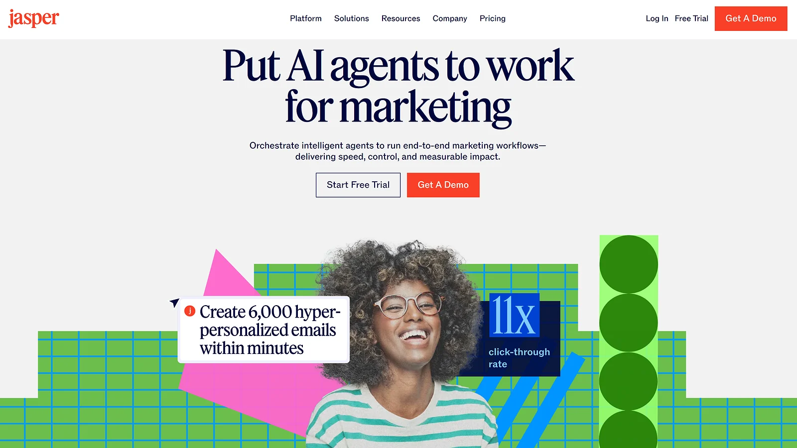 Jasper AI landing page showing marketing automation