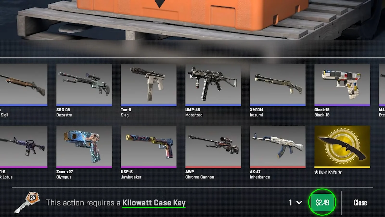 CS2 Kilowatt Case contents featuring AK-47 Inheritance, AWP Chrome Cannon, and Kukri Knife