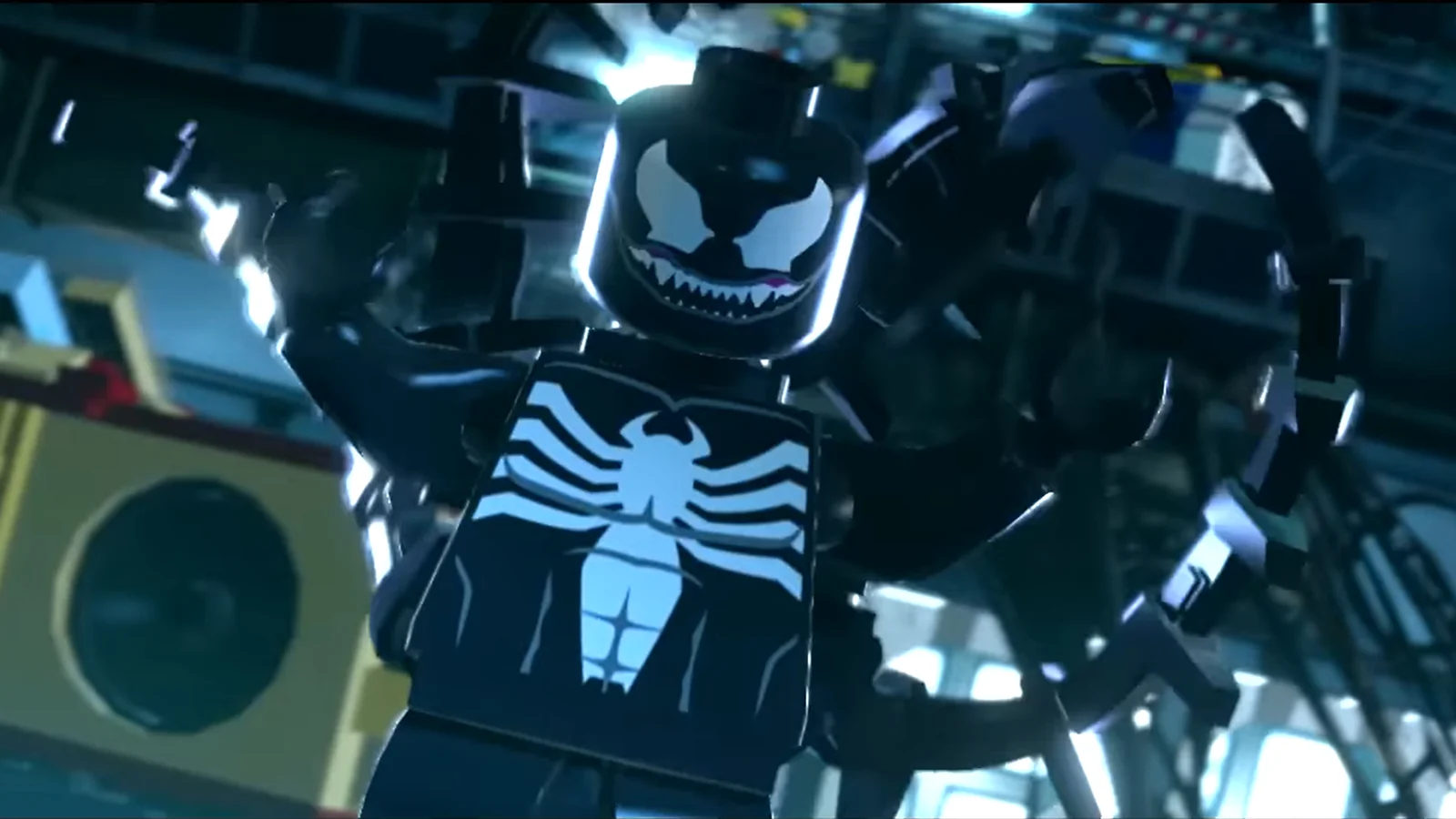 Spider-Man LEGO minifigure using web-slinging abilities in LEGO Marvel Super Heroes