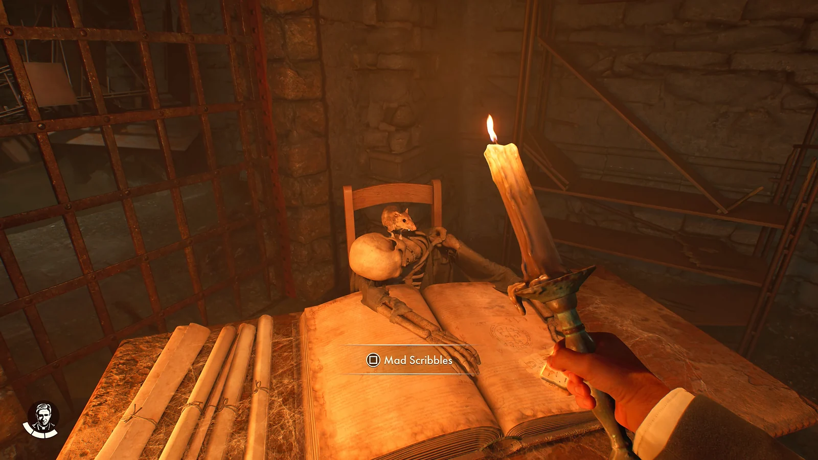 Discovering a skeleton at a desk with a candle and book in Indiana Jones and the Great Circle