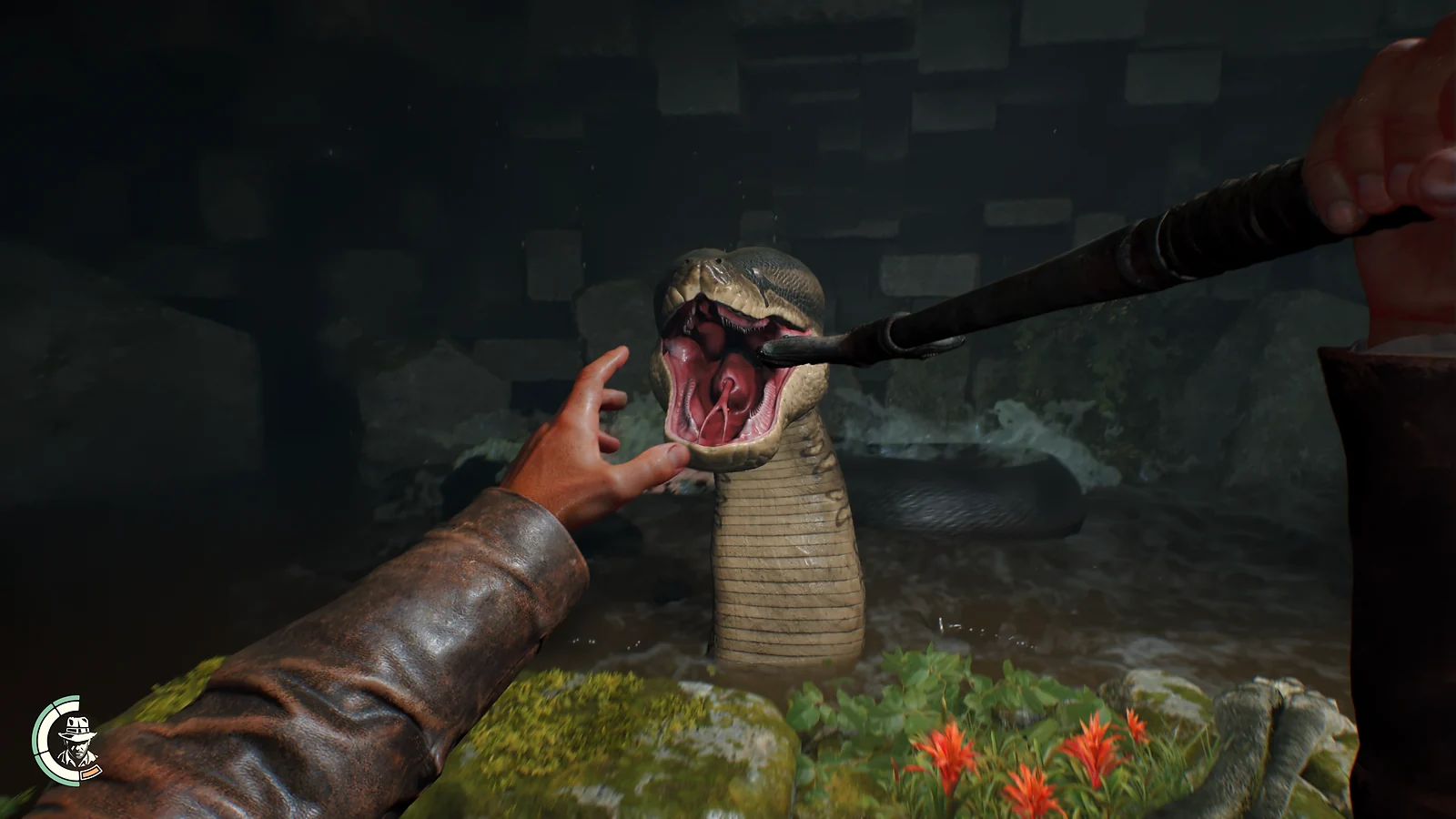First-person melee combat against a giant snake in Indiana Jones and the Great Circle