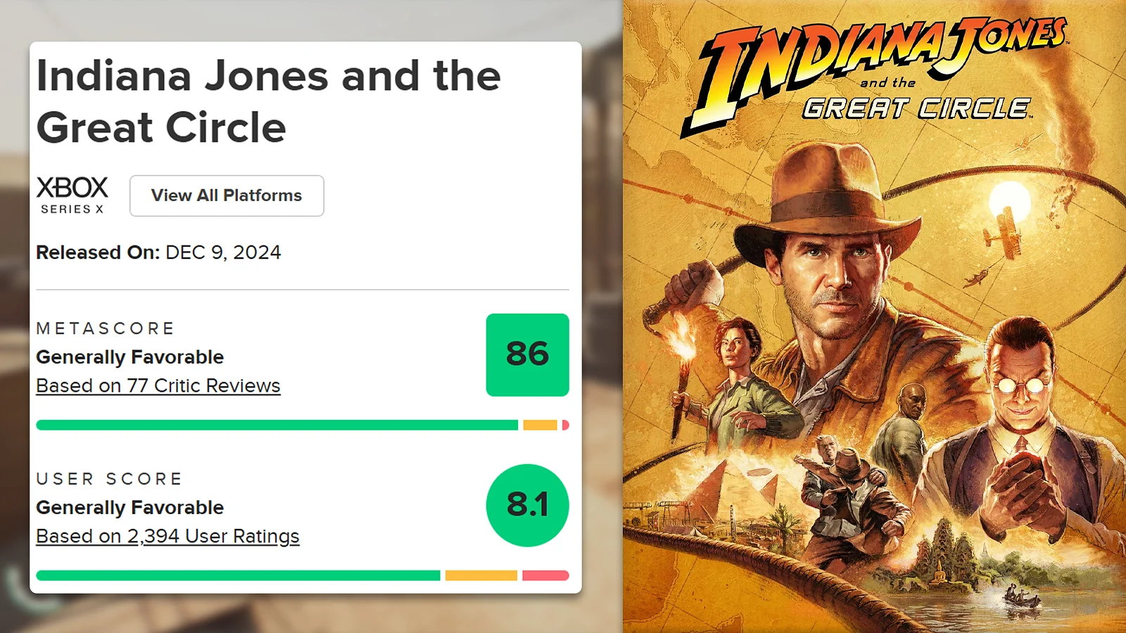 Metacritic page showing an 86 Metascore and 8.1 User Score for Indiana Jones and the Great Circle