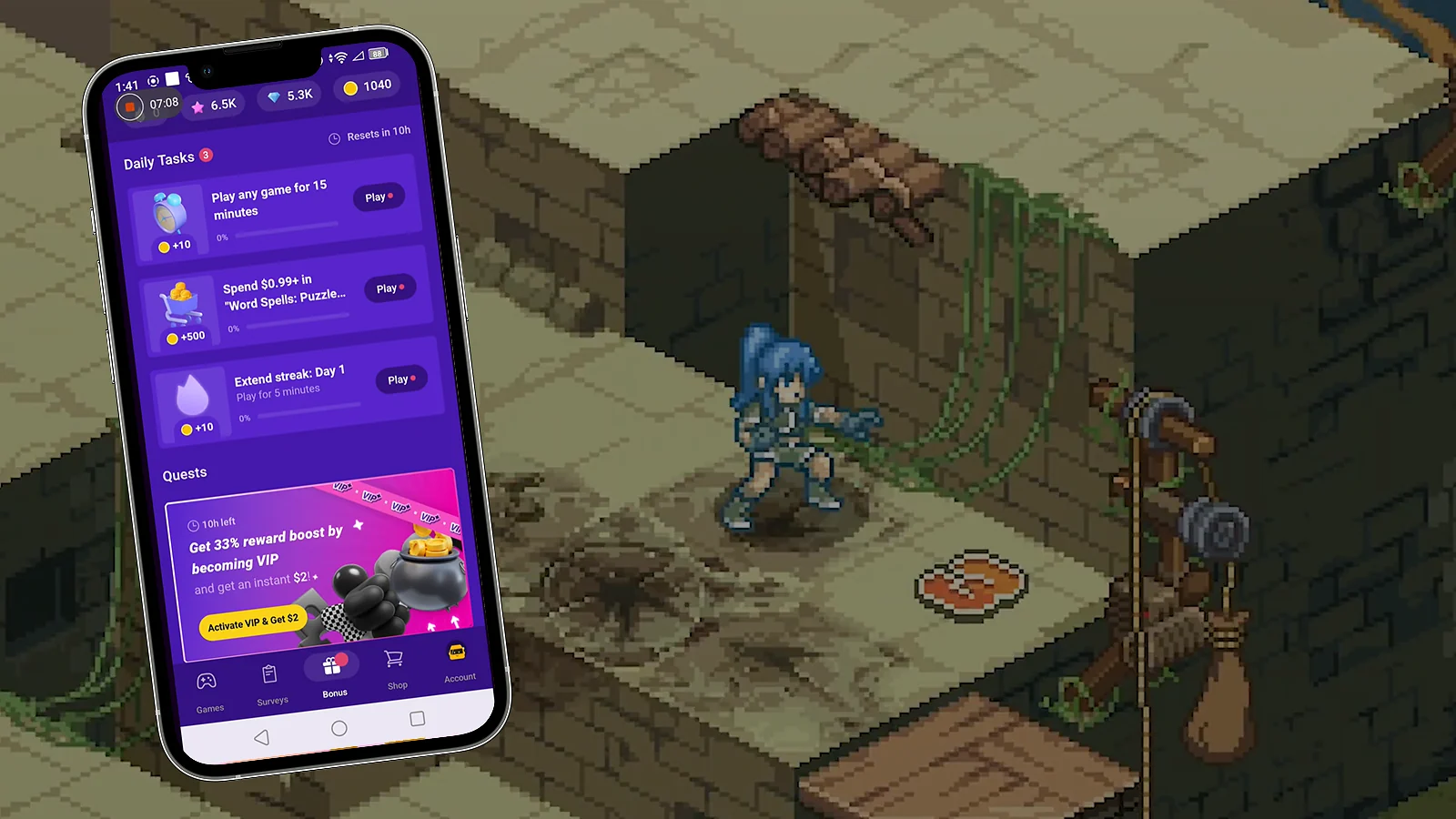 gamepplay and snakzy app displayed on a phone