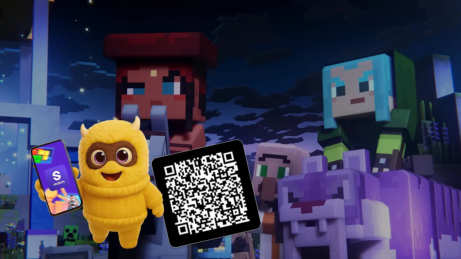 two riders, snakzy mascot, QR code