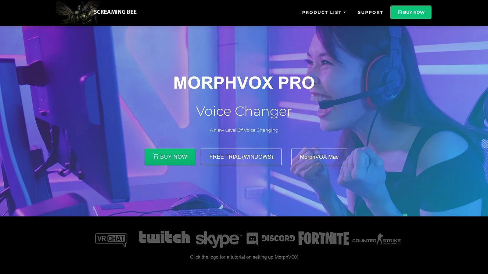 MorphVOX Pro voice changer software landing page showing a gamer with a headset