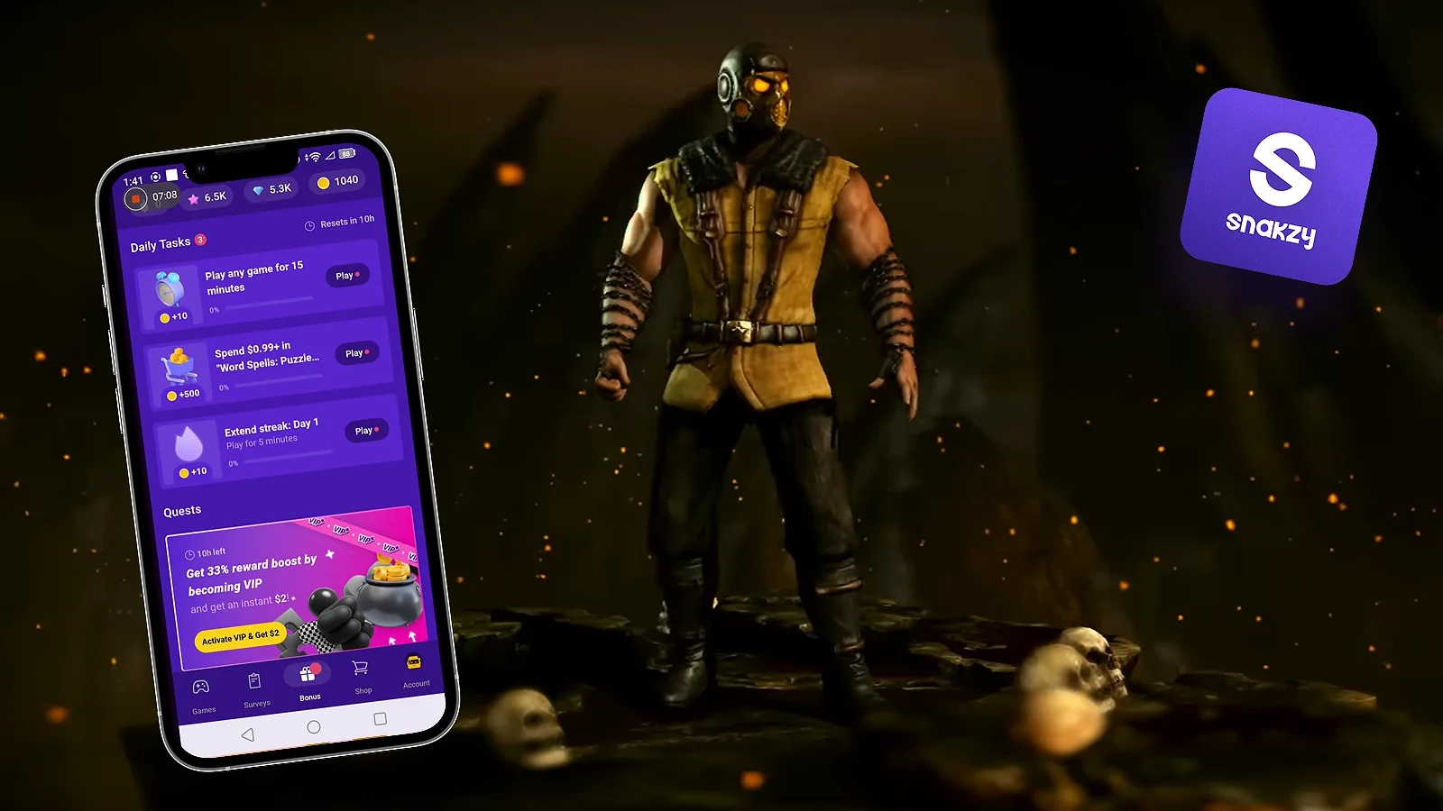 Un diseño de personaje de Mortal Kombat XL junto a la aplicación y el logotipo de Snakzy