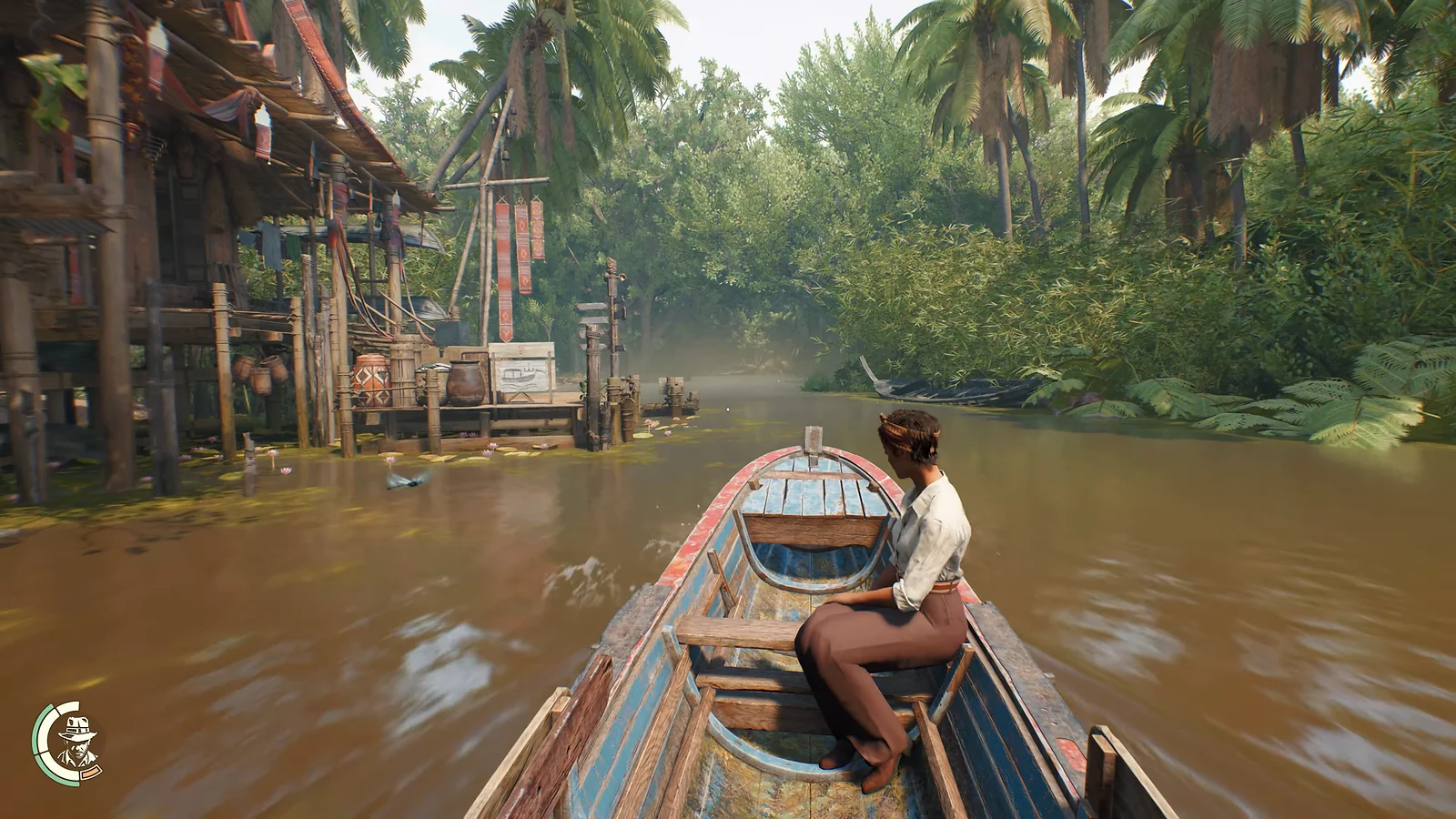 Navigating a tropical river on a wooden boat in Indiana Jones and the Great Circle