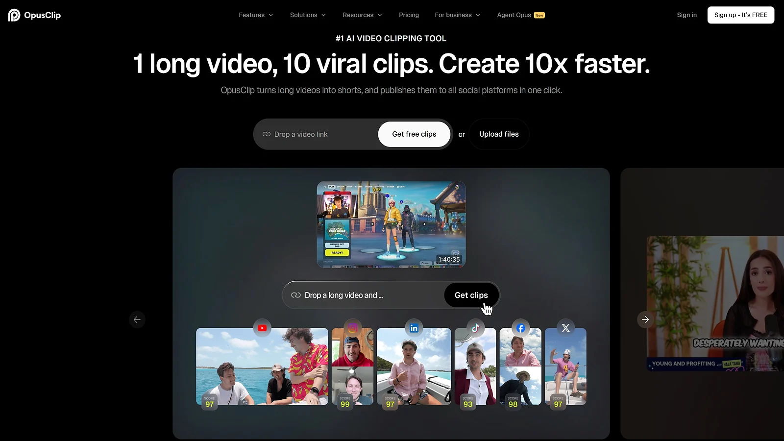 OpusClip landing page explaining how to turn one long video into ten viral short-form clips.