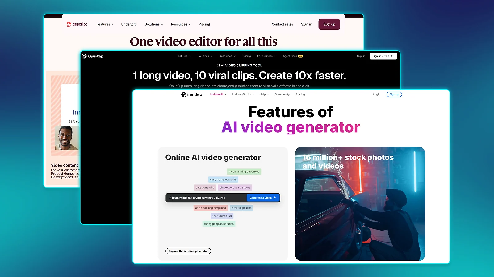 Descript, OpusClip, and InVideo AI video editing software landing pages.