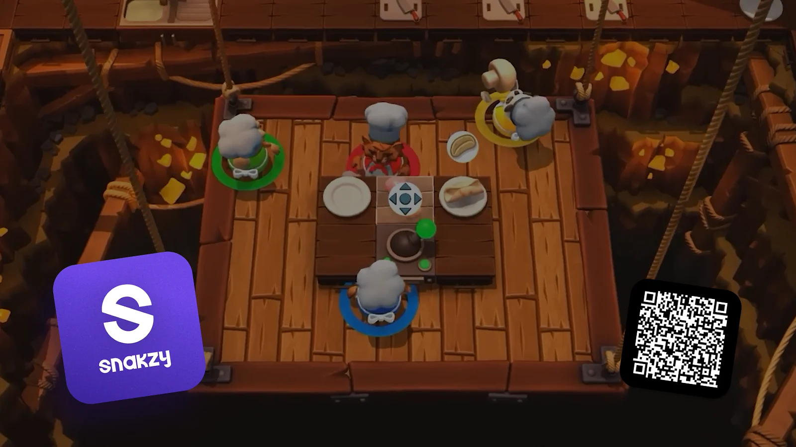 4 chefs are cooking, snakzy logo and qr code