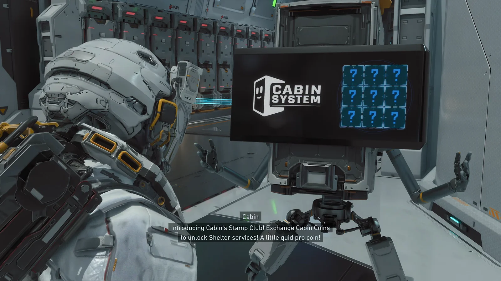 Pragmata - Hugh interacting with a robotic kiosk labeled Cabin System.