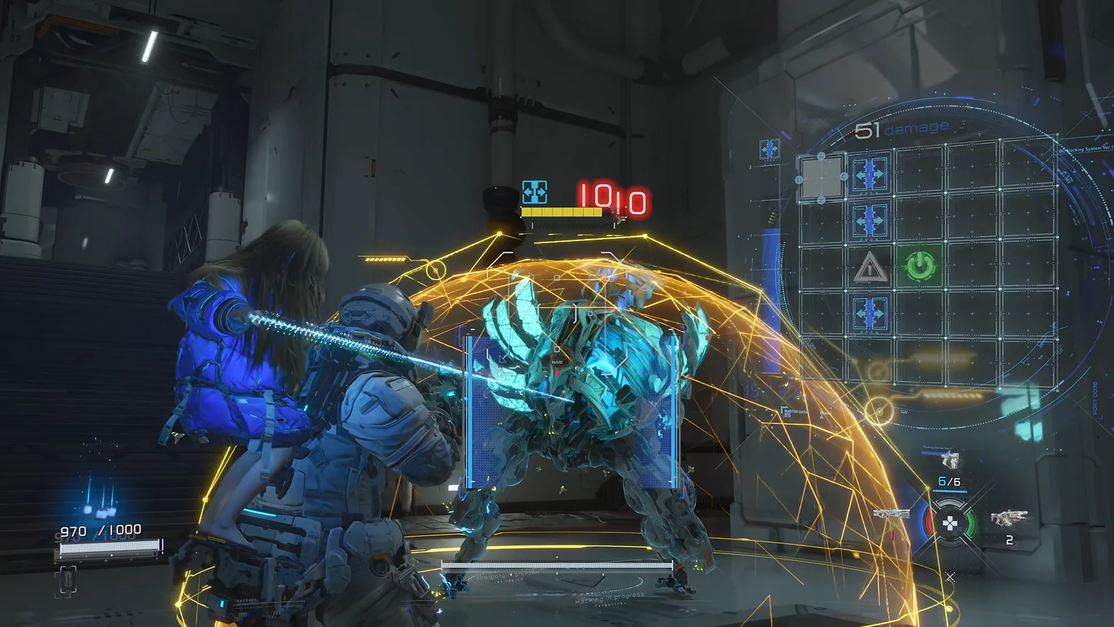 Pragmata - Hugh fighting a robotic enemy while Diana performs a digital hack.