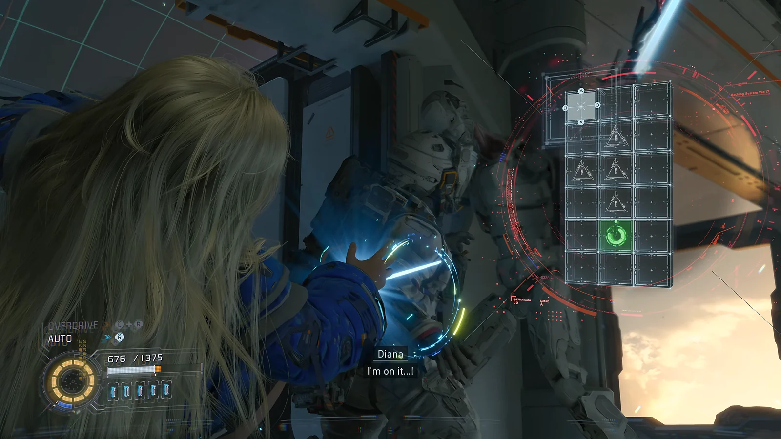 Pragmata - Diana uses a glowing interface to hack a mechanical enemy.