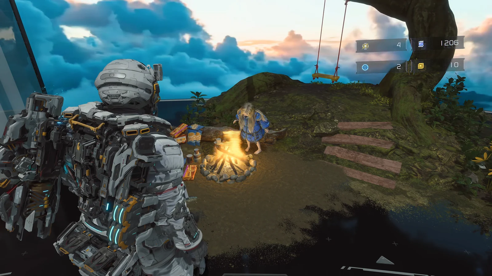 Pragmata - Diana standing by a campfire in a cliffside camp under a virtual cloudy sky.