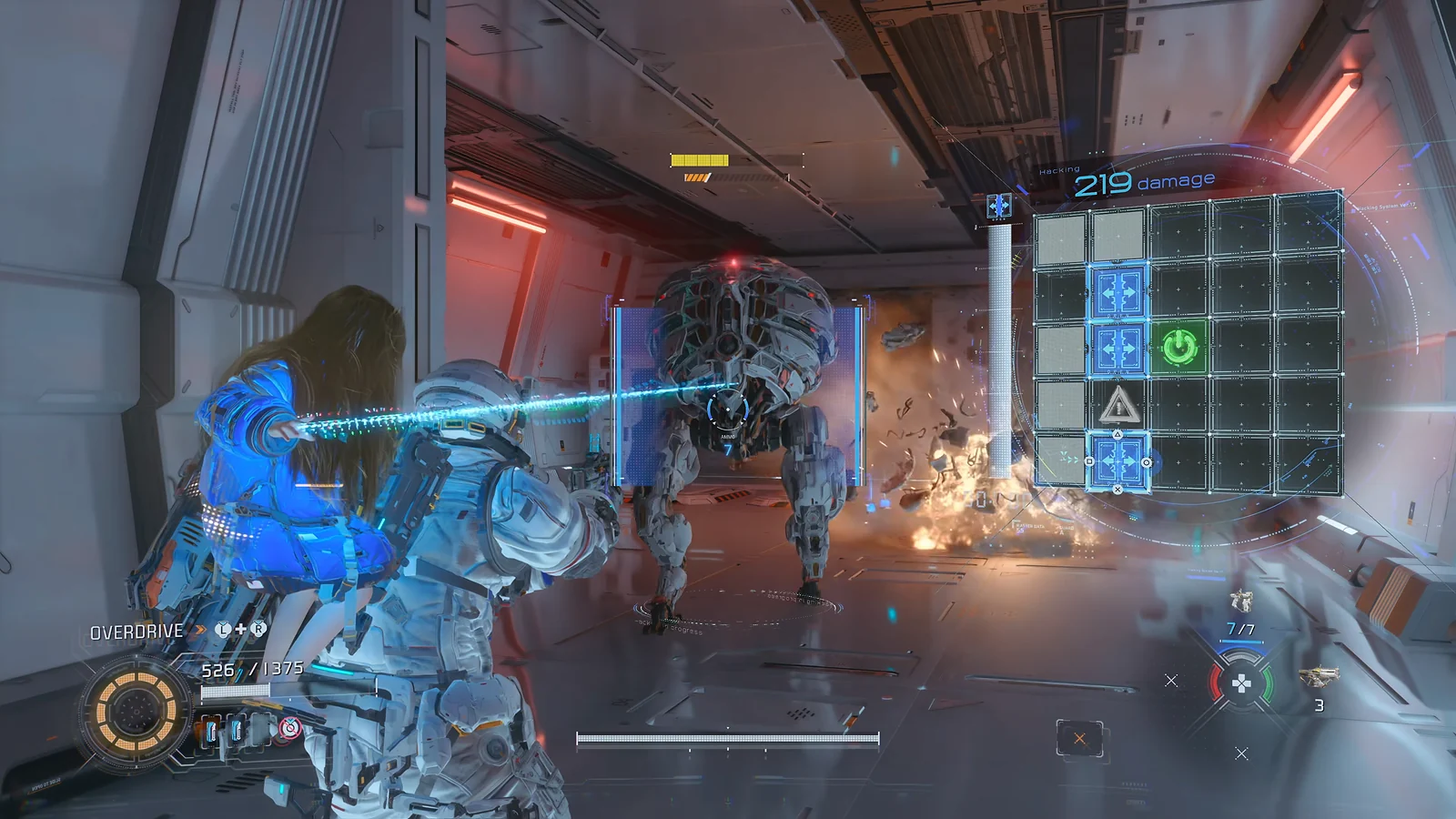 Pragmata - Hugh and Diana facing a large spherical mechanical enemy in a hallway.