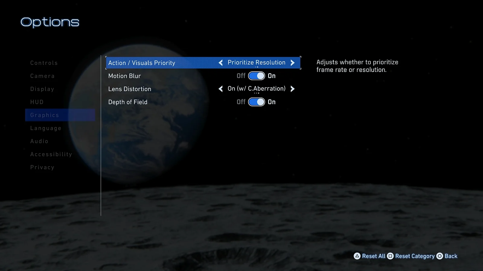 Pragmata - PS5 Graphics menu set to Prioritize Resolution with Earth in the background.