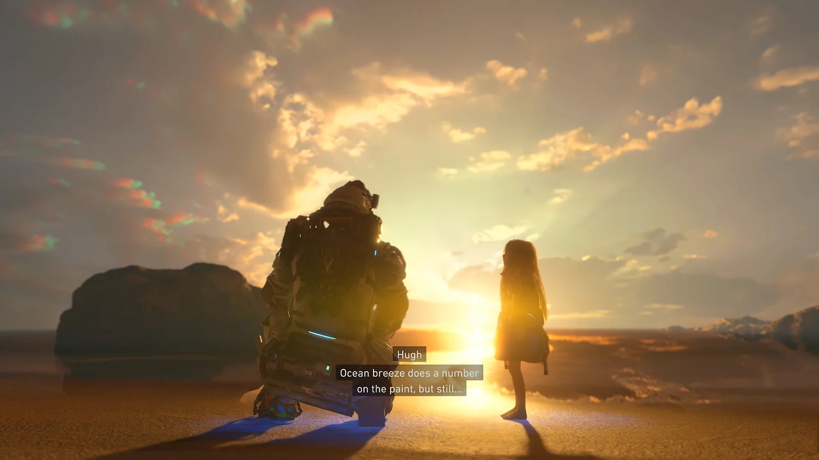 Pragmata - Hugh and Diana silhouetted against a sunset on a beach.