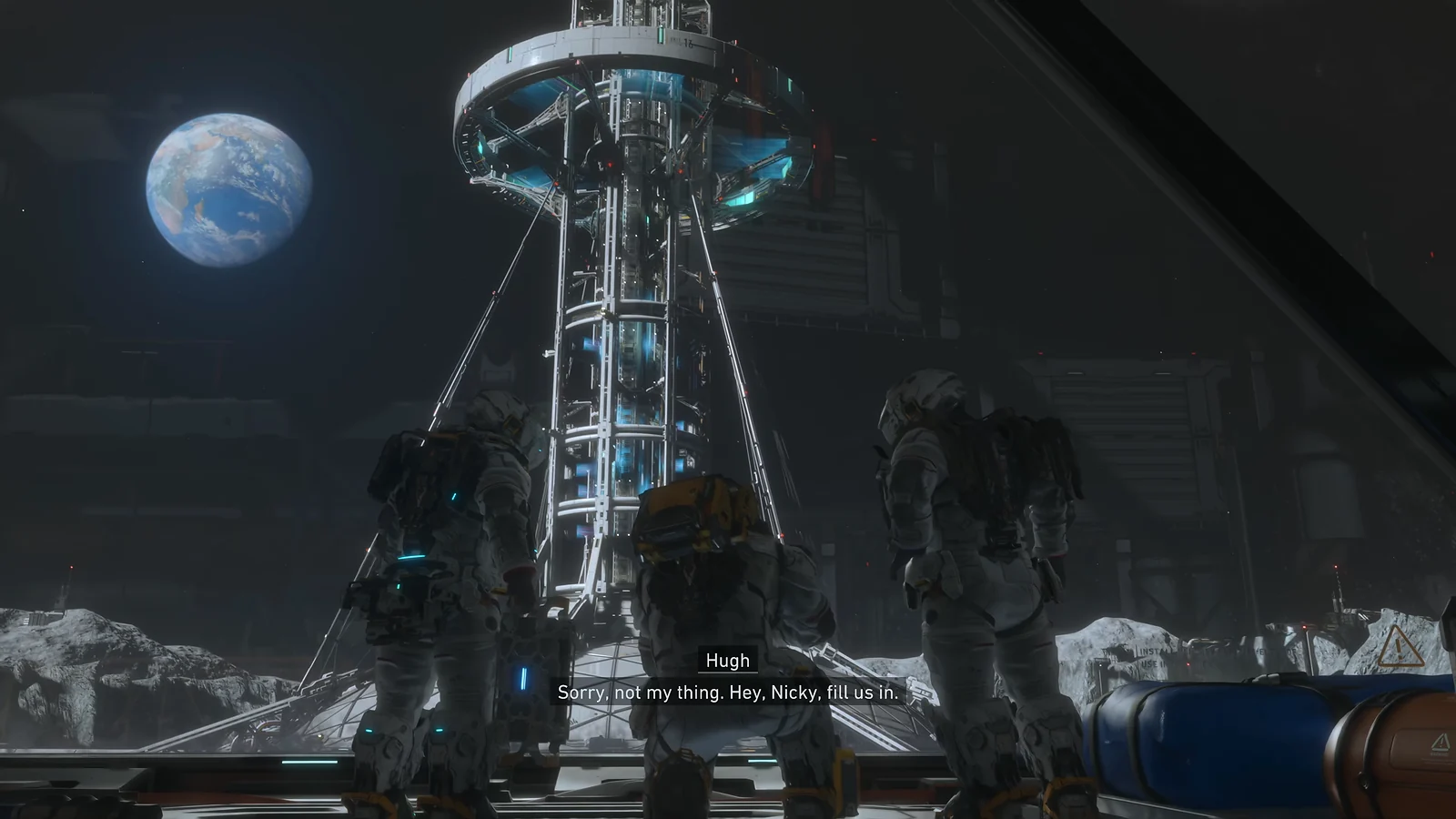 Pragmata - Characters in spacesuits looking at a massive lunar tower with Earth in the background.