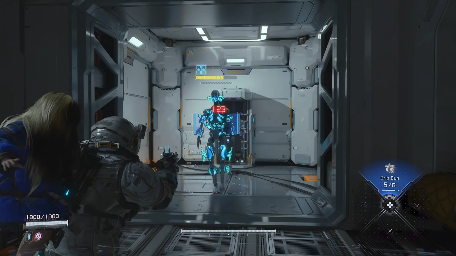 Pragmata - Hugh aiming a Grip Gun at a glowing blue robot in a corridor.