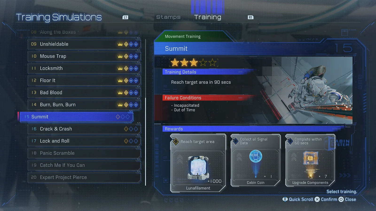 Pragmata - Schulungssimulationen menu showing various movement and combat challenges.