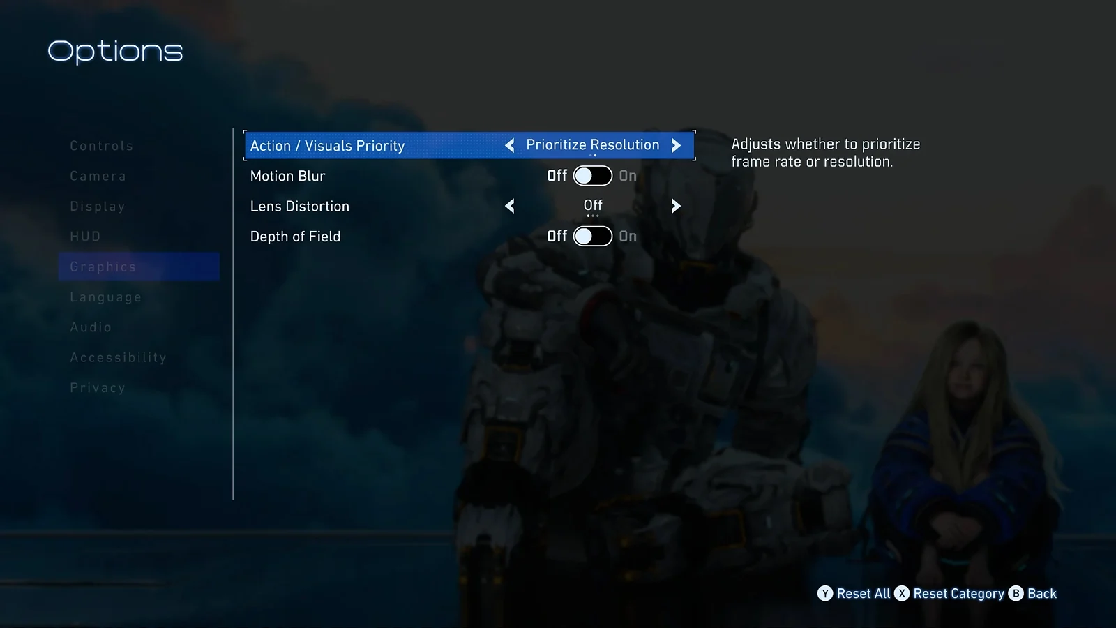 Pragmata - Xbox Series X graphics menu showing Prioritize Resolution option.