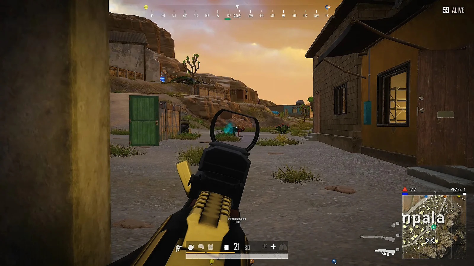 PUBG: Battlegrounds first-person aiming at enemy with red dot sight